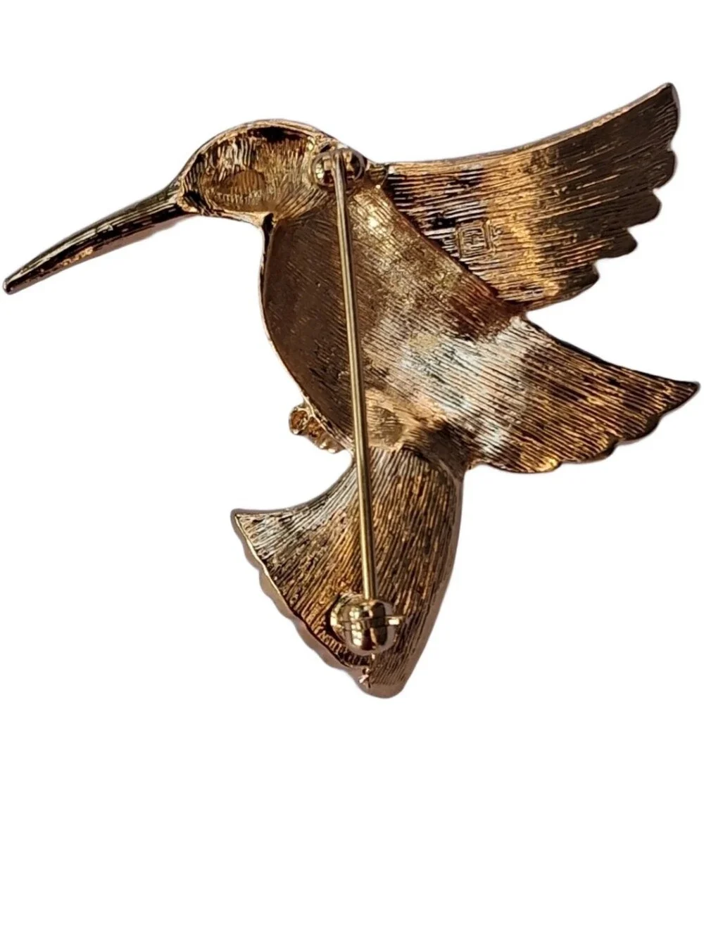 1990 Avon Golden Hummingbird Brooch Textured Gold Tone Ruby Red Rhinestone Eye